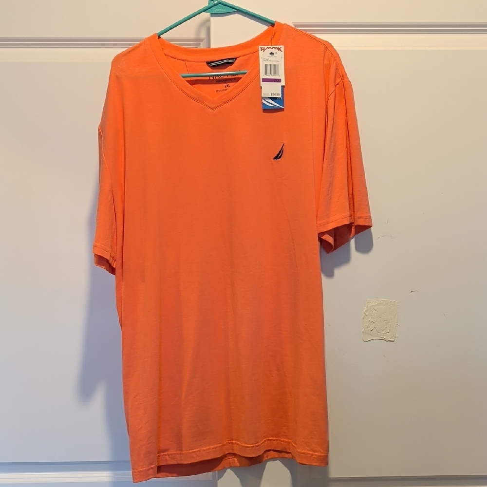 Nautica Men's Neon Orange Short Sleeve V Neck Tee